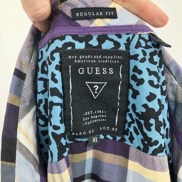 Guess Men's Button Front Shirt Purple Plaid Size XL Flip Cuff Long Sleeve Cotton - Picture 10 of 12